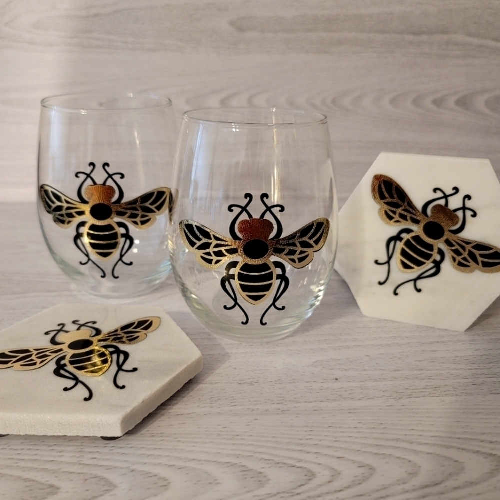 Golden Bee Stemless wine glass and coaster set Handcrafted